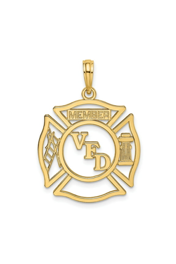 14k Yellow Gold Volunteer Fire Department Pendant for Men or Women, Maltese Cross with VFD and Member Text, Firefighter Jewelry Symbolizing Bravery and Service