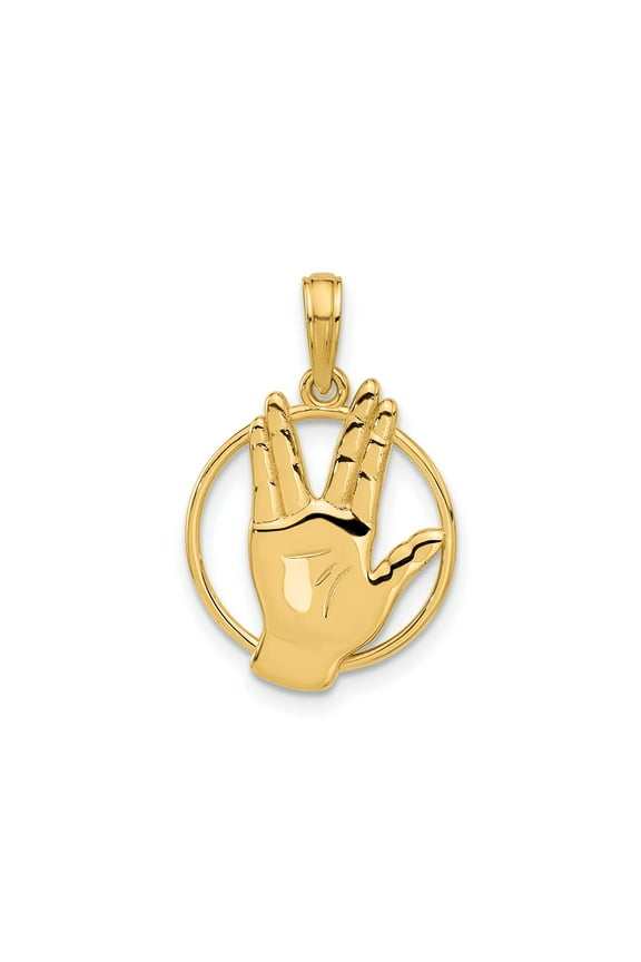 14k Yellow Gold Vulcan Salute Pendant Necklace for Men and Women, Sci-Fi Hand Symbol Jewelry, Peace and Prosperity Charm, Unisex Fandom Accessory
