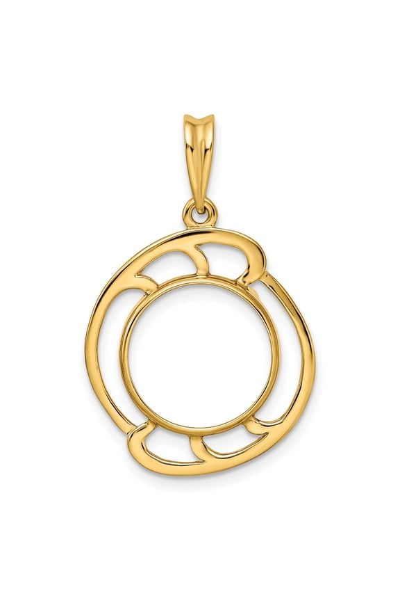 14k Yellow Gold Wave Design Prong Setting Coin Bezel Pendant Mounting - Fits 13mm