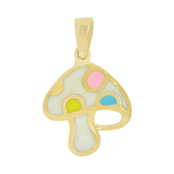 14k Yellow Gold, Whimsical Mushroom Pendant Charm Colorful Enamel Overlay 13mm with 18" Dainty Neck Chain