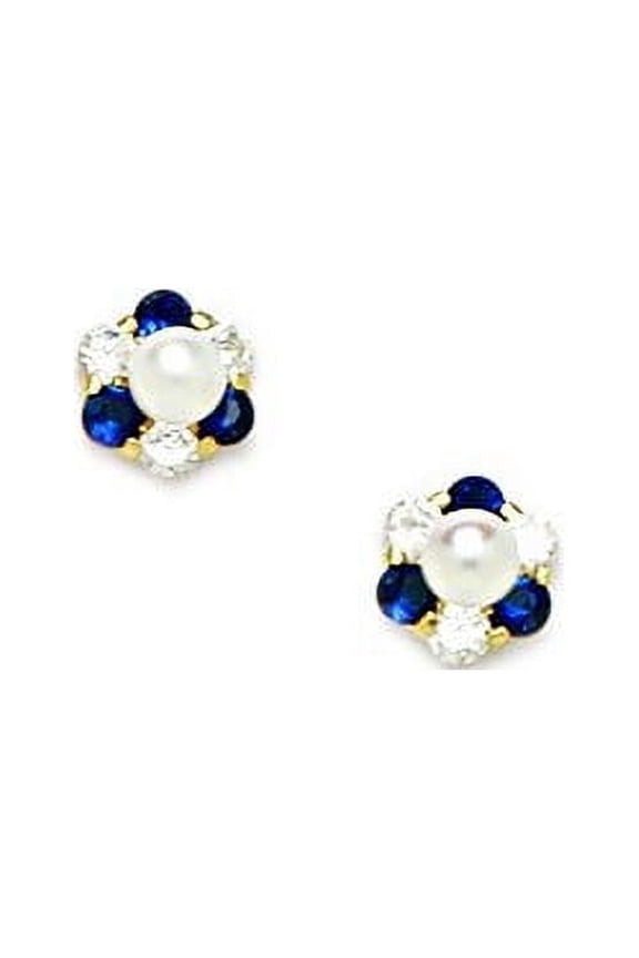 14k Yellow Gold White 3x3mm Freshwater Cultured Pearl Dark Blue Cubic Zirconia Screw-Back Earrings