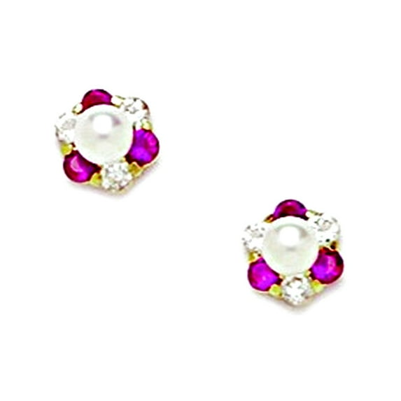 14k Yellow Gold White 3x3mm Freshwater Cultured Pearl and Red CZ Screwback Earrings 6x6mm Stud Earring for Women