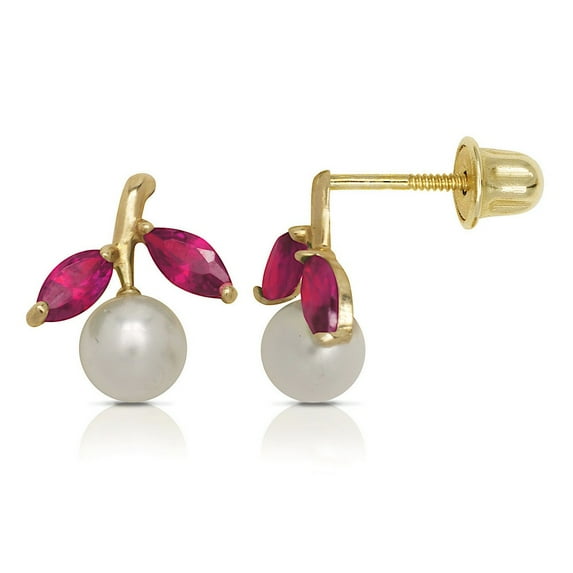 14k Yellow Gold White 5x5mm Freshwater Cultured Pearl Red Cubic Zirconia Flower Screw-Back Earrings