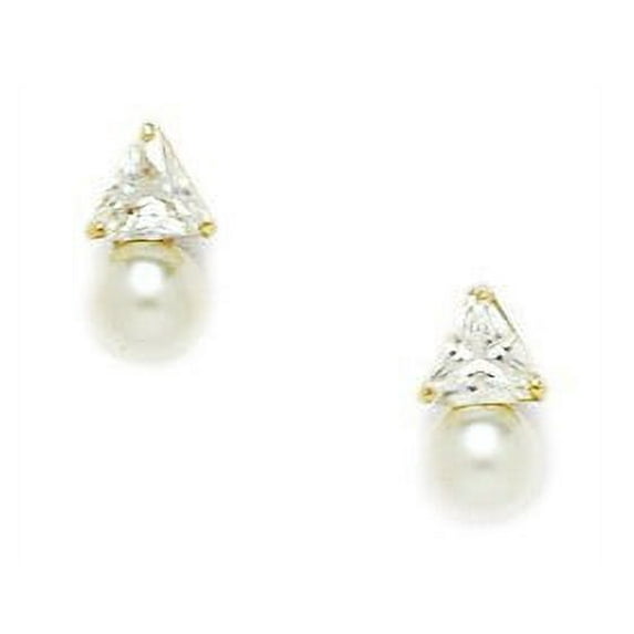 14k Yellow Gold White 5x5mm Freshwater Cultured Pearl and CZ Screw-Back Earrings - Measures 9x5mm