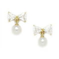 thumbnail image 1 of 14k Yellow Gold White 5x5mm Freshwater Cultured Pearl and Cubic Zirconia Bow Screw-Back Earrings, 1 of 2