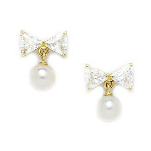 14k Yellow Gold White 5x5mm Freshwater Cultured Pearl and Cubic Zirconia Bow Screw-Back Earrings