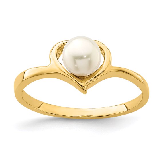 14k Yellow Gold White Button Freshwater Cultured Pearl Heart Ring Fine Jewelry Gifts For Her (4-5mm), Size 4