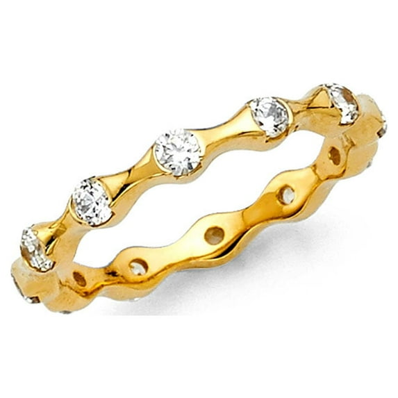 14k Yellow Gold White CZ Eternity Thin Wave Wedding Ring Forever Size 6