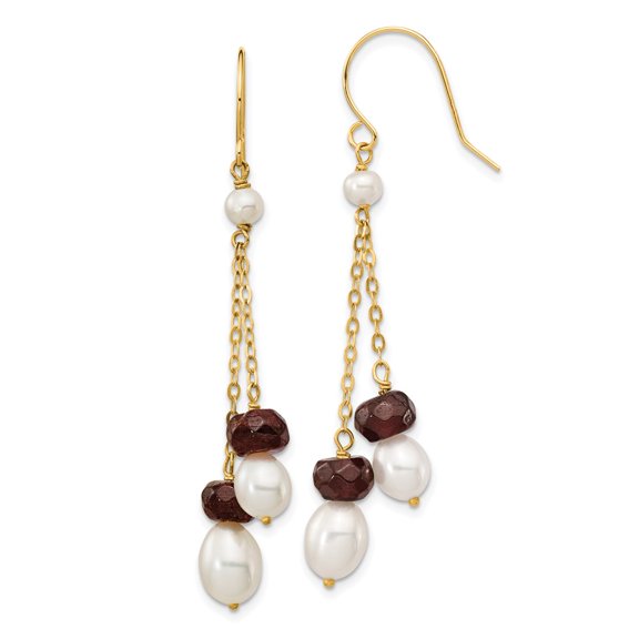 14k Yellow Gold White Freshwater Cultured Pearl Garnet Double Chain Dangle Earrings Fine Jewelry For Women Gifts For Her