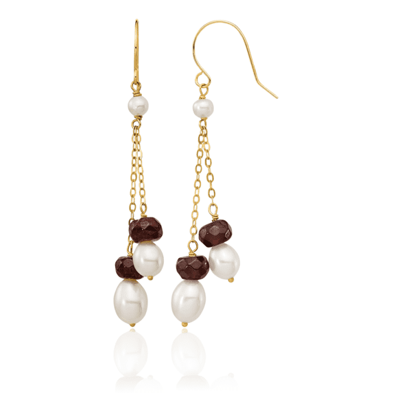14K Solid Yellow Gold 6mm White Rice Freshwater Cultured Pearl 4.0ga Garnet Double Chain Drop Dangle Earrings
