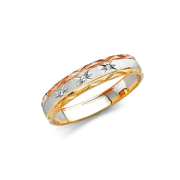 14k Yellow Gold White Gold and Rose Gold 4mm Sparkle-Cut Wedding Band Ring Size 7 Wedding Band for Women and Men