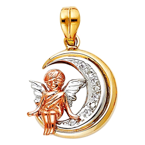 14k Yellow Gold White Gold and Rose Gold Cubic Zirconia Religious Guardian Angel Pendant Necklace 17x18mm Pendant for Wo