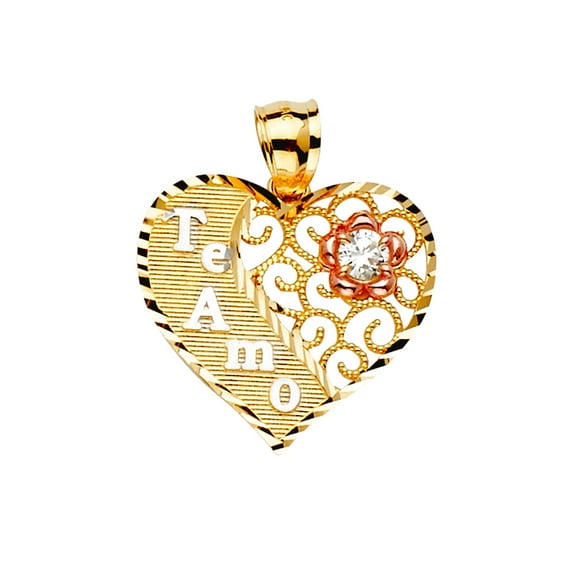 14k Yellow Gold White Gold and Rose Gold Cubic Zirconia Te-amo Pendant Necklace 22x26mm Pendant for Women