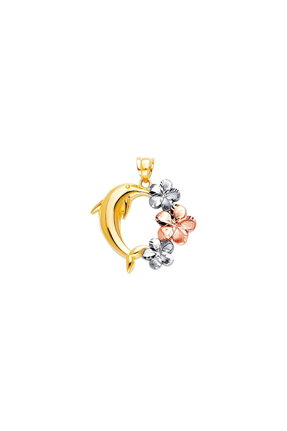 14k Yellow Gold White Gold and Rose Gold Dolphin Pendant Necklace With Hawaiian Flower Pendant for Women