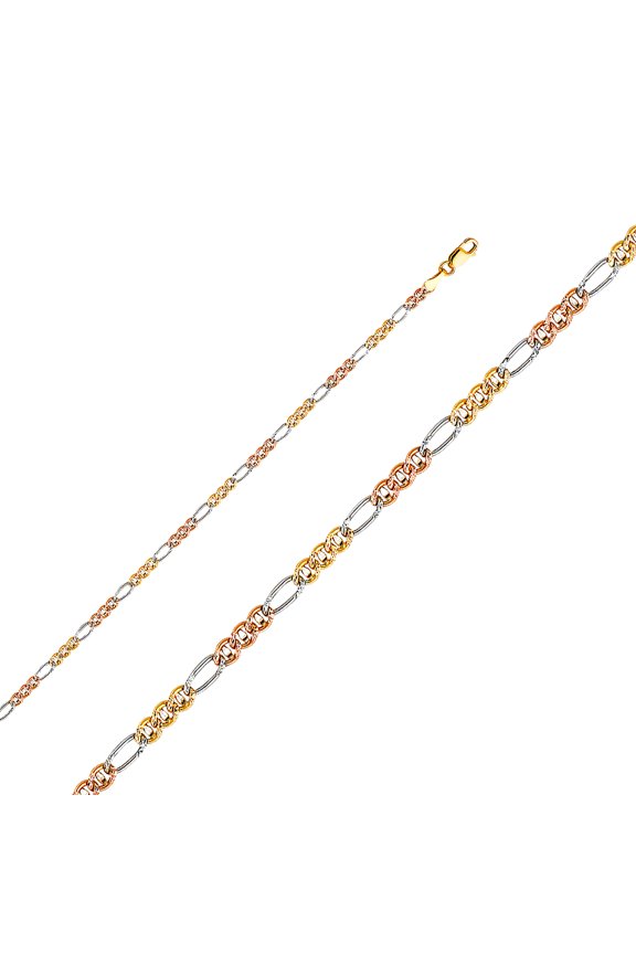 14k Yellow Gold White Gold and Rose Gold Ficonucci 3 Plus 1 Links 2.5mm Concave Bracelet 7 Inch Link Bracelet for Women