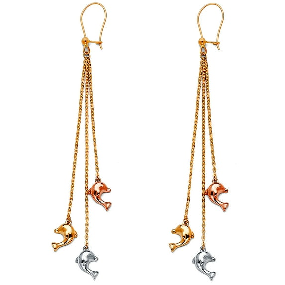 14k Yellow Gold White Gold and Rose Gold Hanging Earrings 6x68mm Stud Earring for Women - 2.8 Grams