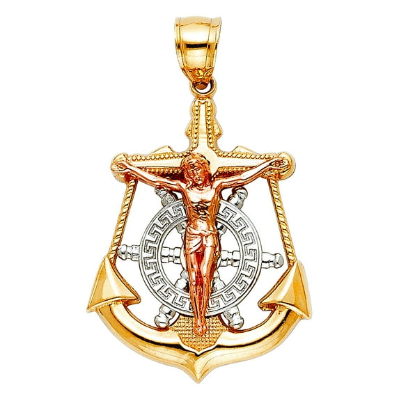 14k Yellow Gold White Gold and Rose Gold Mariner Religious Faith Cross Pendant Necklace 25x35mm Pendant for Women