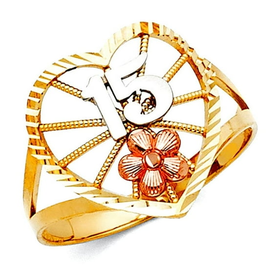 14k Yellow Gold White Gold and Rose Gold Quinceanera Sweet 15 Years Ring Size 7 Ring for Women