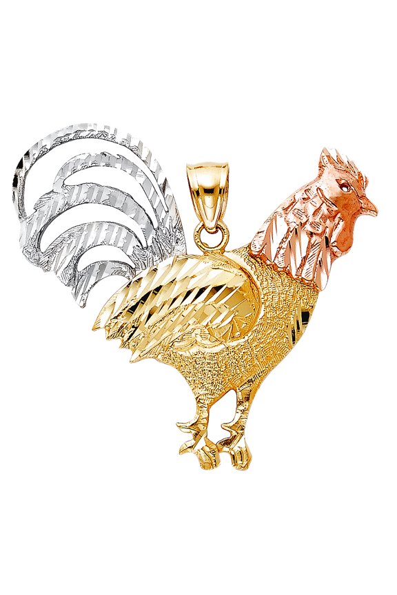 14k Yellow Gold White Gold and Rose Gold Rooster Pendant Necklace 39x37mm Pendant for Women