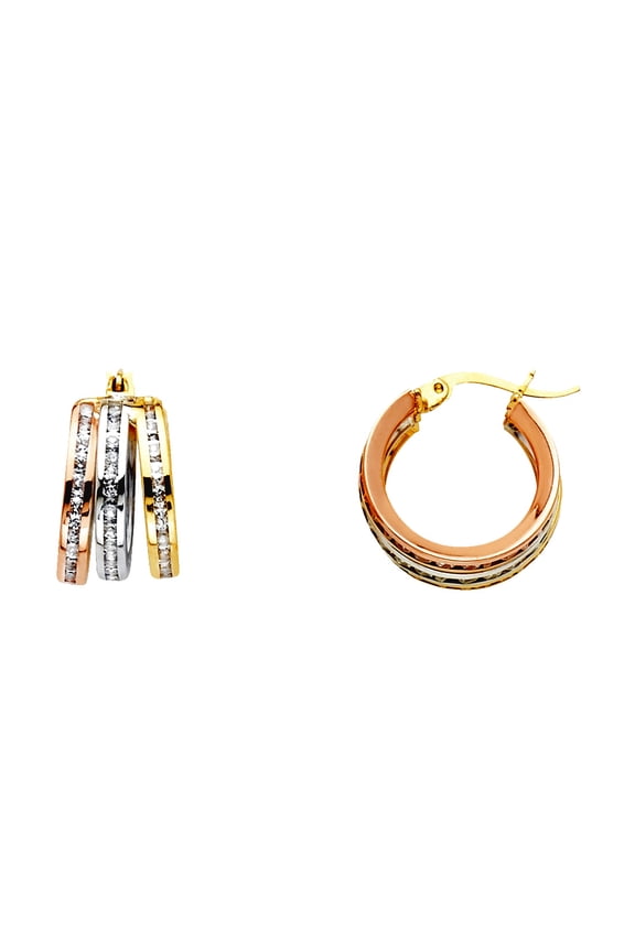 14k Yellow Gold White Gold and Rose Gold Round Cubic Zirconia Channel 3 Rows Hoop Earrings 10x10mm Hoop Earring for Wome