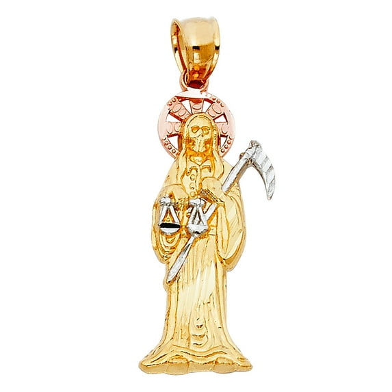 14k Yellow Gold White Gold and Rose Gold Santa Muerte Pendant Necklace 10x35mm Pendant for Women