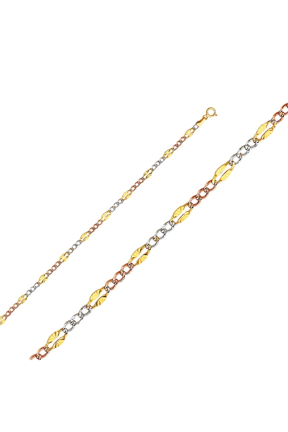 14k Yellow Gold White Gold and Rose Gold Thin Metal Stamped Figaro 3 Plus 1 Links 3.7mm Sparkle-Cut Link Bracelet for Wo