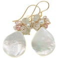 thumbnail image 1 of 14k Yellow Gold White Mother of Pearl Cluster Earrings Gemstone and Goldtone Beaded Accents Unique Dangles Designed for Adult Women, 1 of 4