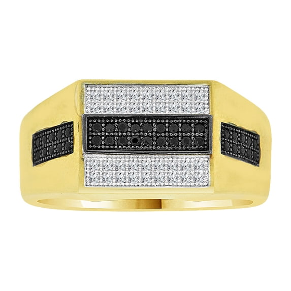 14k Yellow Gold White Rhodium, Fancy Ring Men Guy Gent Black Created CZ Size 11