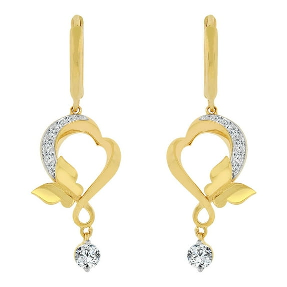 14k Yellow Gold White Rhodium, Modern Abstract Heart & Butterfly Drop Earring