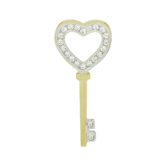 14k Yellow Gold White Rhodium, Modern Heart Key Pendant Charm Created CZ Crystals 12mm with 20" Dainty Neck Chain