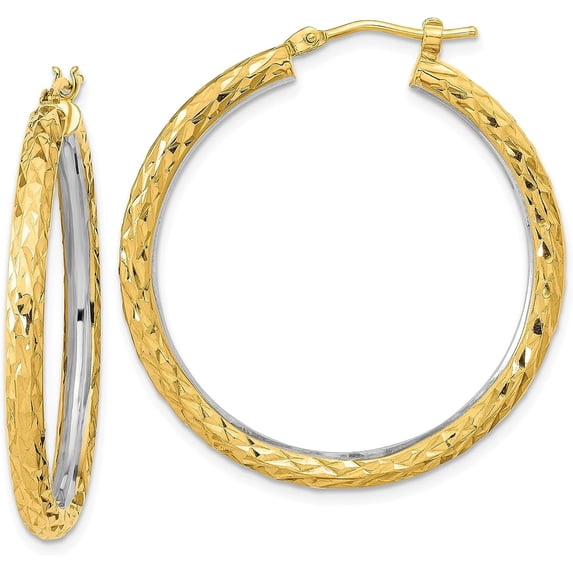 14k Yellow Gold White Rhodium Polished Diamond-cut 3mm Circle Hoop Earrings - 35.51mm- Made In Italy
