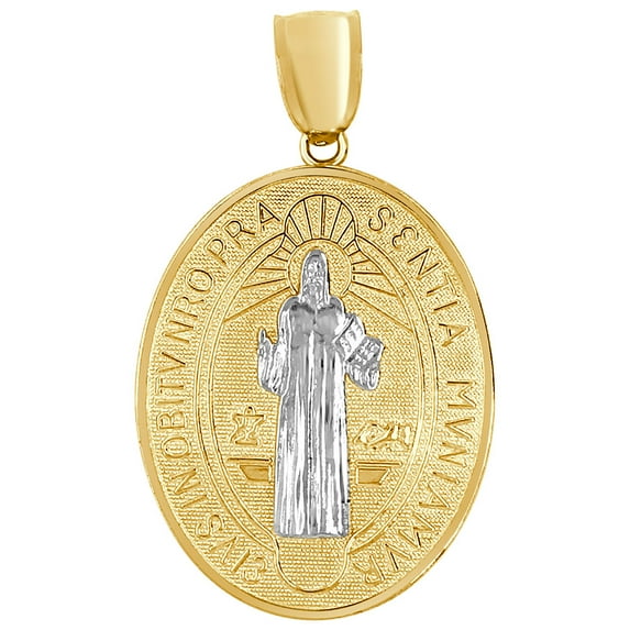 14k Yellow Gold White Rhodium, Saint Benedict Medal Pendant Religious Charm Oval 27mm