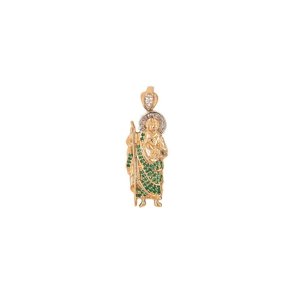 14k Yellow Gold White Rhodium, Saint Jude Judas Pendant Religious Charm Created Green CZ Crystals 12mm NO Necklace