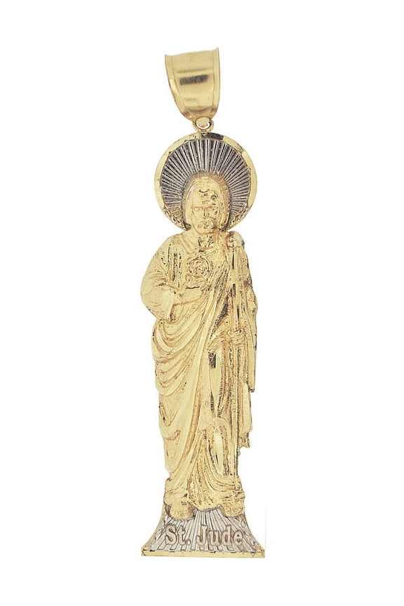 14k Yellow Gold White Rhodium, Saint Jude San Judas Pendant Religious Charm 18mm