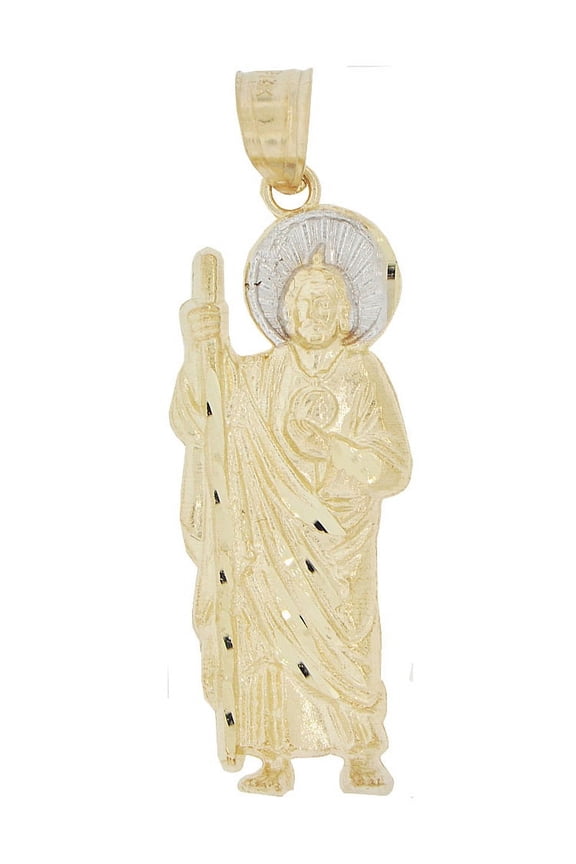 14k Yellow Gold White Rhodium, Saint Jude San Judas Pendant Religious Charm