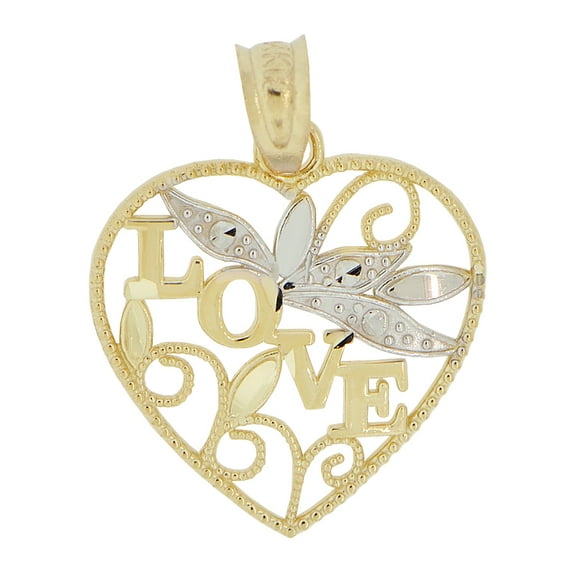 14k Yellow Gold White Rhodium, Small Heart Filigree Love Pendant Charm 16mm with 18" Dainty Neck Chain