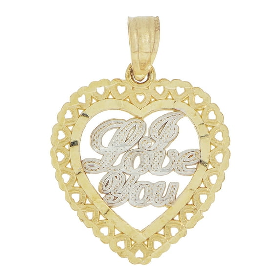 14k Yellow Gold White Rhodium, Small I Love You Heart Pendant Love Charm 16mm with 20" Dainty Neck Chain
