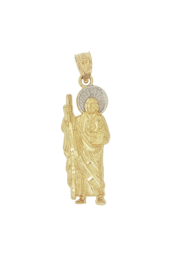 14k Yellow Gold White Rhodium, Small Saint Jude San Judas Pendant Religious Charm 10mm NO Necklace
