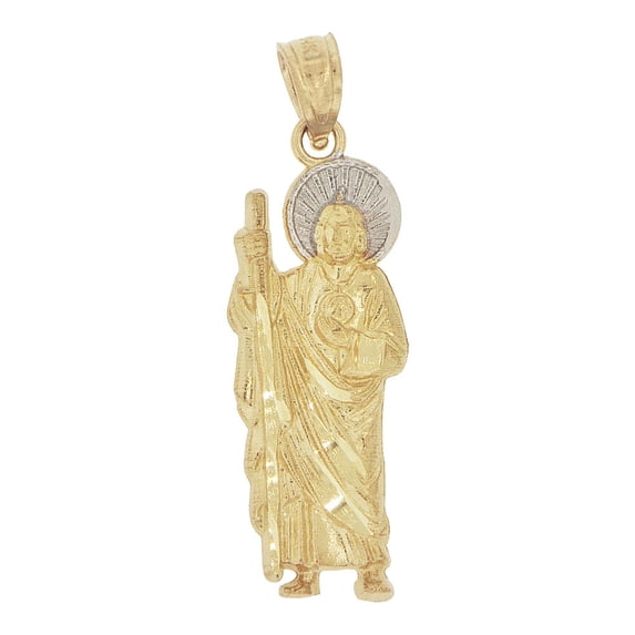 14k Yellow Gold White Rhodium, Small Saint Jude San Judas Pendant Religious Charm 10mm with 20" Dainty Neck Chain
