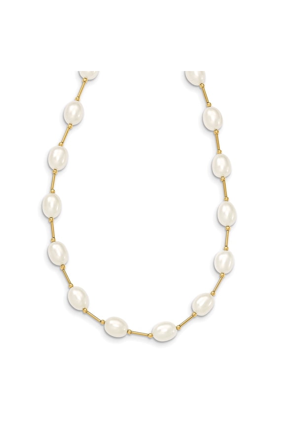 14k Yellow Gold White Rice Freshwater Cultured Pearl Bead Necklace Fine Jewelry For Women Gifts For Her (7-8mm), 18"