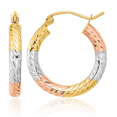 thumbnail image 1 of 14K Solid Two Tone Yellow White Gold Rose Medium Hoop Earrings, 1 of 8