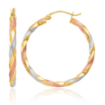 thumbnail image 1 of 14K Solid Two Tone Yellow White Gold Rose Twisted Round Medium Hoop Earrings, 1 of 10