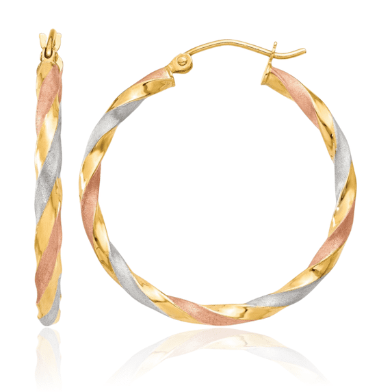 14K Solid Two Tone Yellow White Gold Rose Twisted Round Medium Hoop Earrings