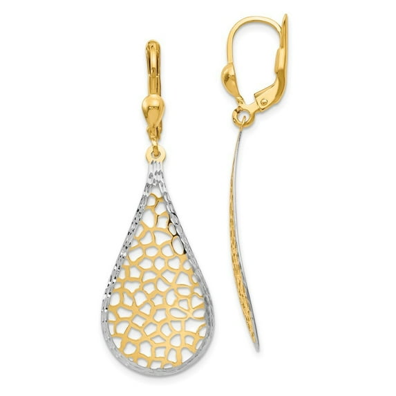 14k Yellow Gold With White Rhodium Polished and Sparkle-Cut Leverback Earrings - Measures 46x16mm Wi