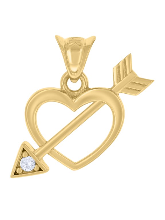 14k Yellow Gold Women Cubic-Zirconia Arrow With Heart Charm Pendant