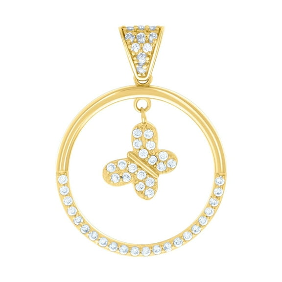 14k Yellow Gold Womens Cubic Zirconia Circle Butterfly Angel Wings Dangling Fashion Charm Pendant Necklace 29.8x21.8mm W