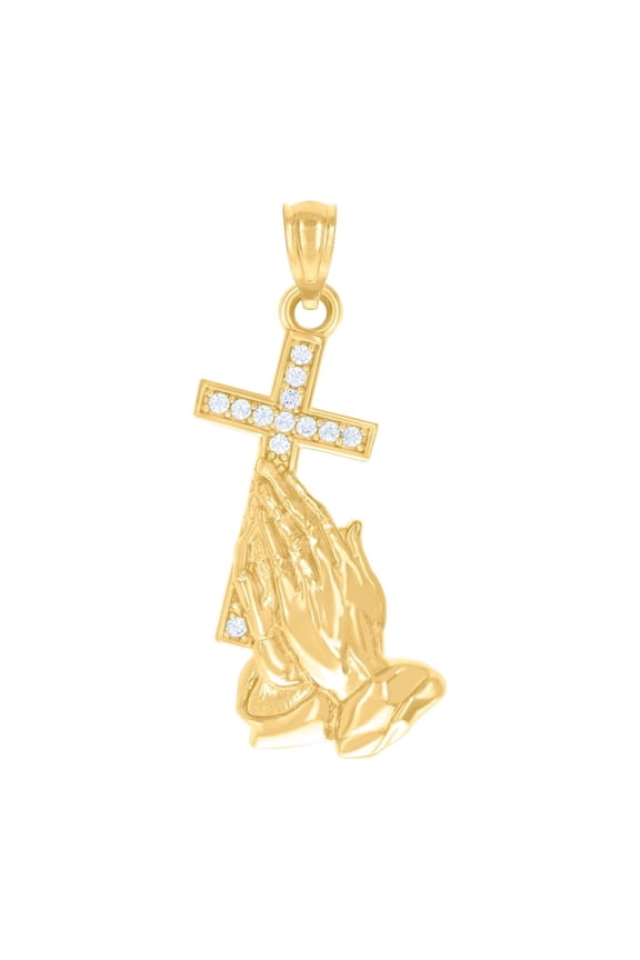 14k Yellow Gold Womens Cubic Zirconia Cross Praying Hands Symbol Religious Charm Pendant Necklace 28.2x17.2mm Wide Penda
