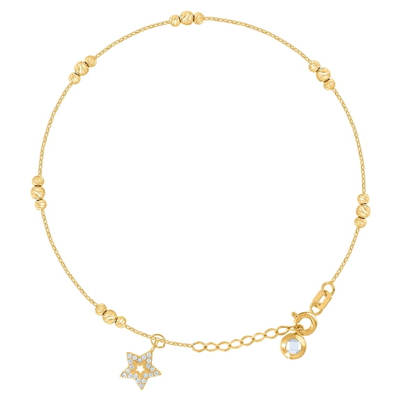 14k Yellow Gold Womens Cubic Zirconia Star Fashion Charm Beaded Anklet Bracelet 8 Inch 12.8mm Long Anklet for Women