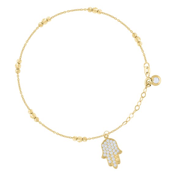 14k Yellow Gold Womens Cubic-Zirconia Hamsa Symbol Religious Charm Beaded Anklet Bracelet Size 8 Inches