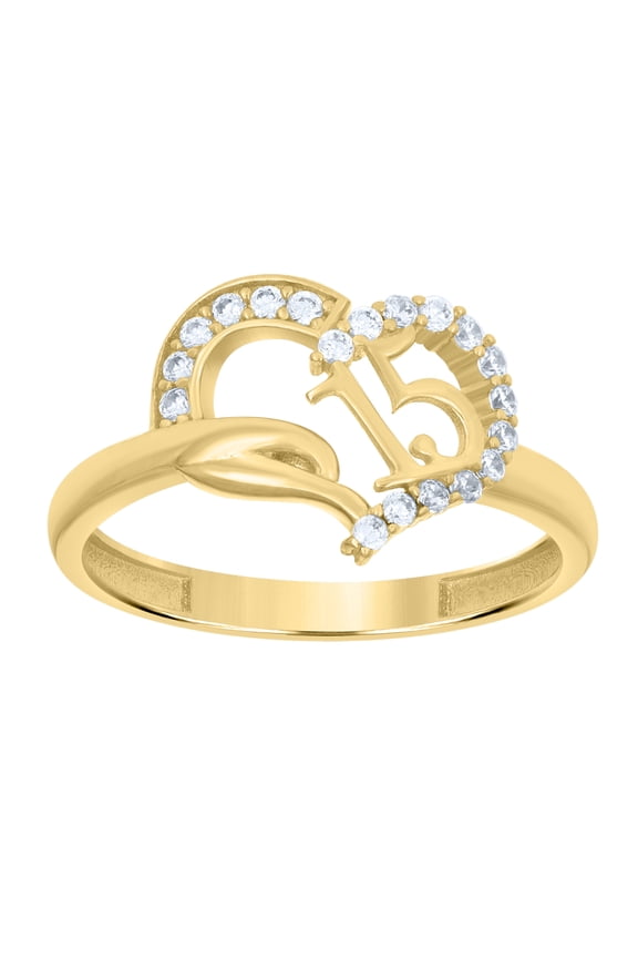 14k Yellow Gold Womens Cubic-Zirconia Quinceanera 15 Heart Love & Hearts Ring